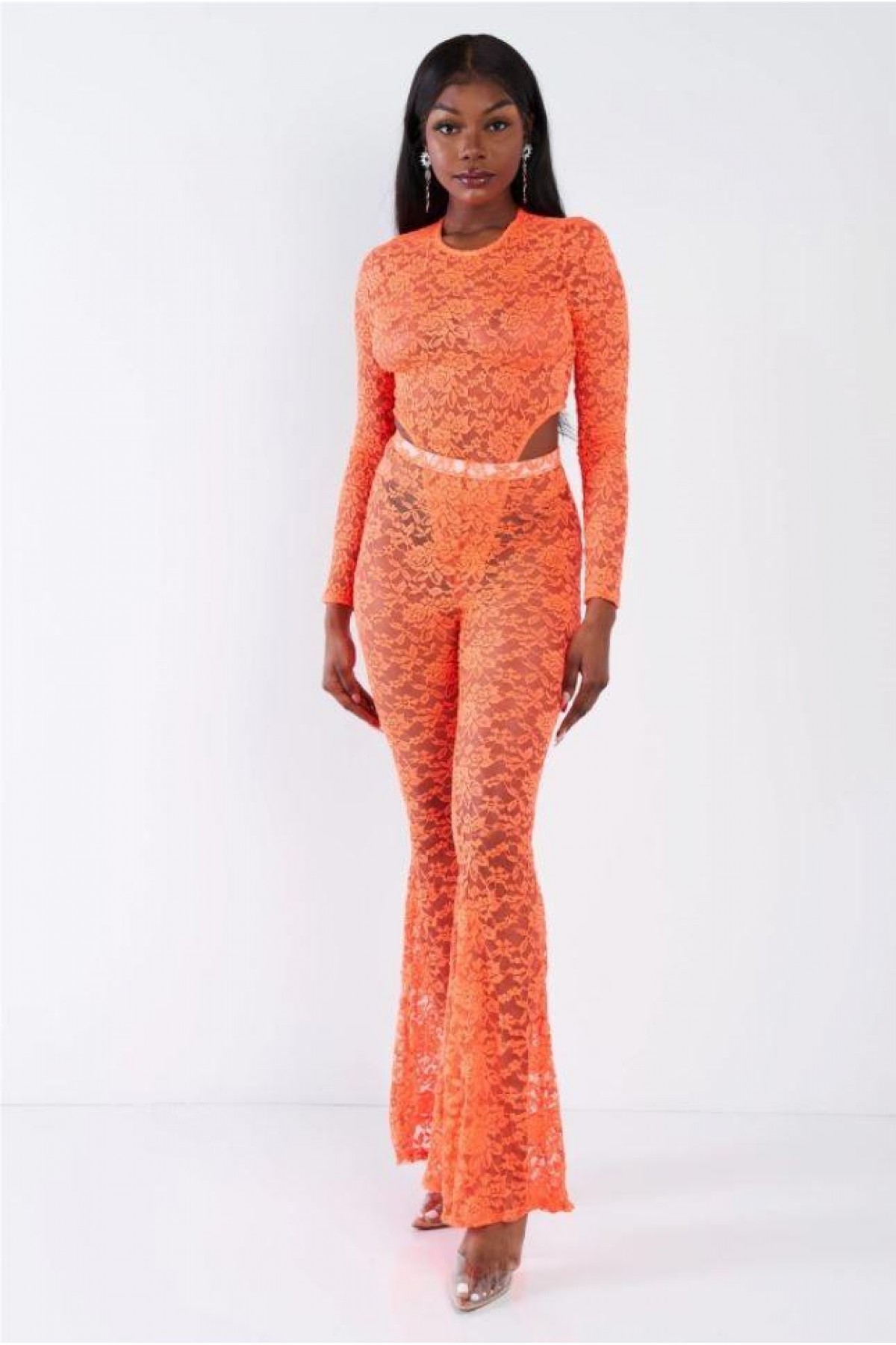 Orange Floral Lace Bodysuit Flare Leg Ju...