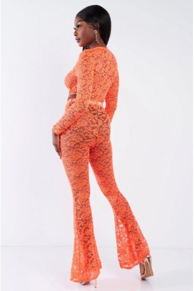 Orange Floral Lace Bodysuit Flare Leg Jumpsuit