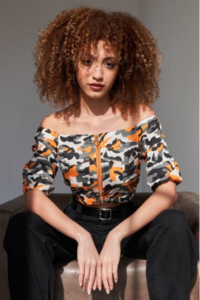 Orange Camo Print Off The Shoulder Cargo Crop Top