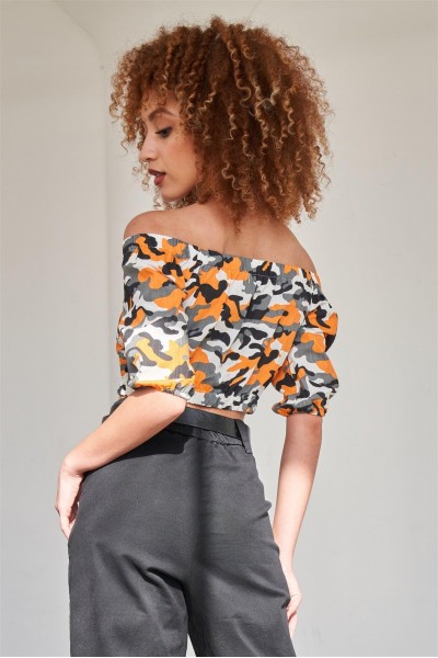 Orange Camo Print Off The Shoulder Cargo Crop Top