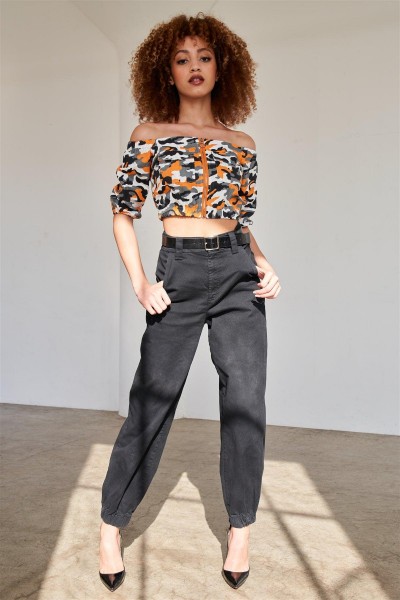 Orange Camo Print Off The Shoulder Cargo Crop Top