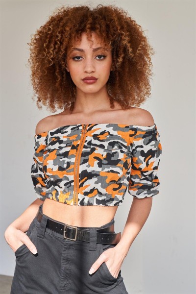 Orange Camo Print Off The Shoulder Cargo...