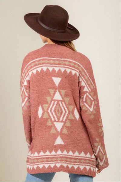 Boho Fuzzy Aztec Geometric Print Cardigan