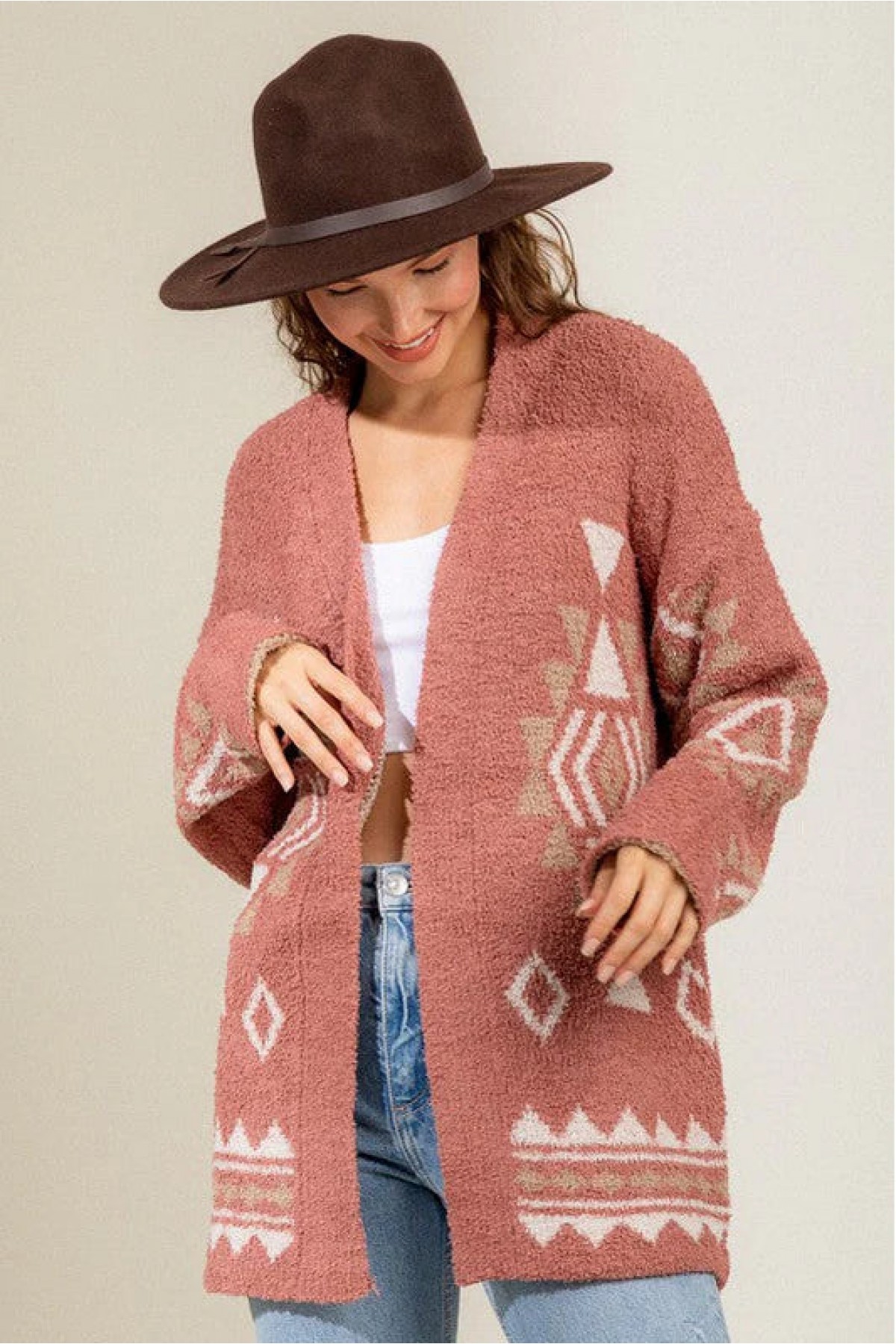 Boho Fuzzy Aztec Geometric Print Cardiga...