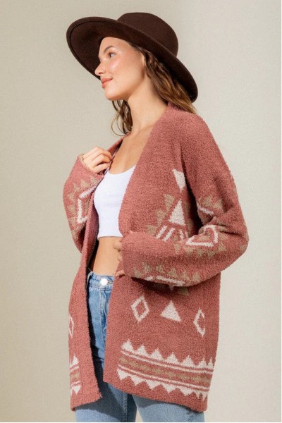 Boho Fuzzy Aztec Geometric Print Cardigan