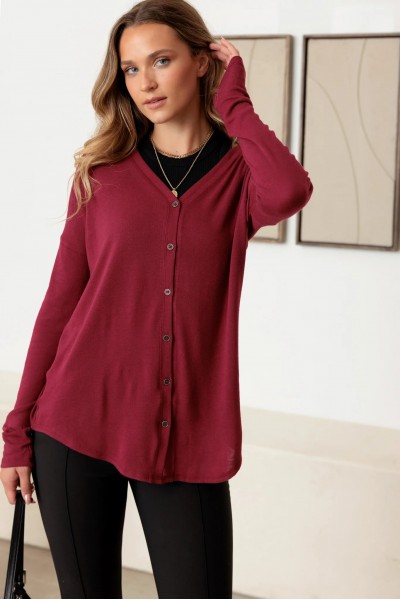 Burgundy V-Neck Long Sleeve Cardigan