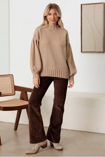 Knit Crew Neck Long Puff Sleeve Sweater