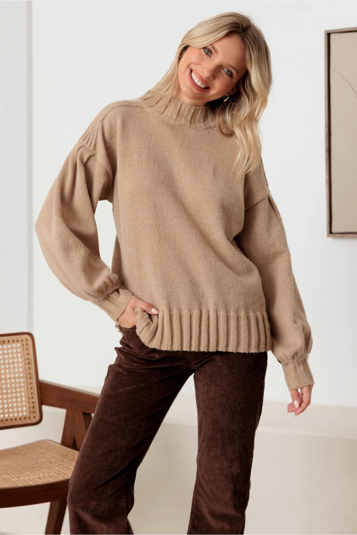 Knit Crew Neck Long Puff Sleeve Sweater