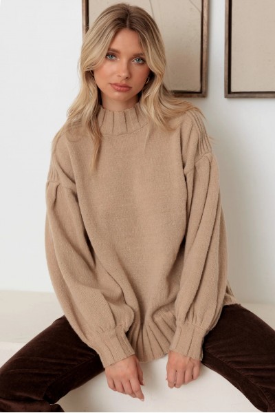 Knit Crew Neck Long Puff Sleeve Sweater