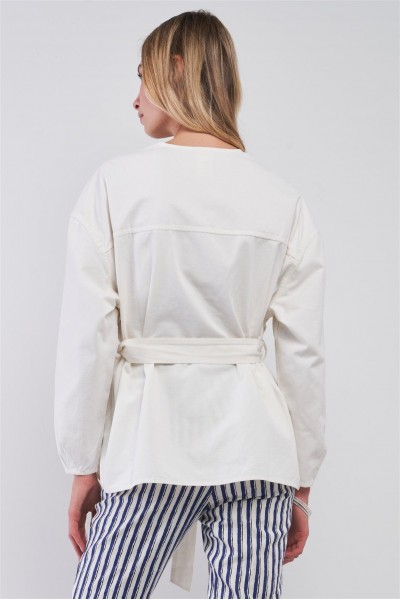 Off-White Balloon Sleeve Button-Down Front Self-Tie Belted Oversized Summer Jacket