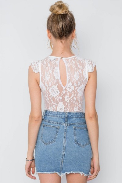 White Floral Lace Sheer Ruched Bodysuit