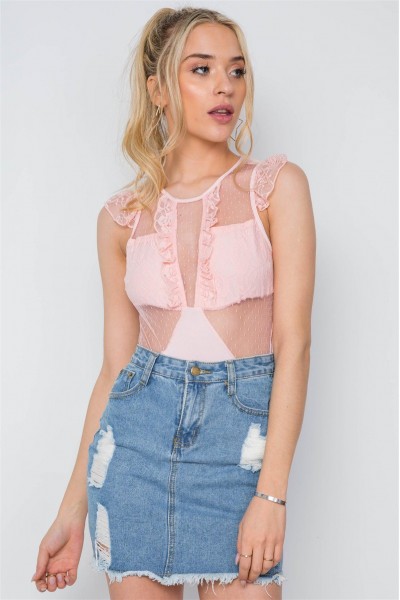 Peach Floral Lace Sheer Ruched Bodysuit