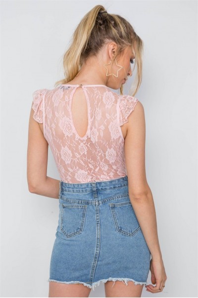 Peach Floral Lace Sheer Ruched Bodysuit