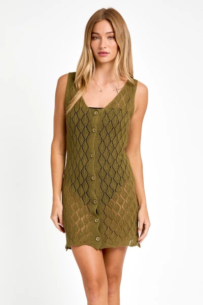 Sleeveless V-Neck Crochet Button Up Swea...