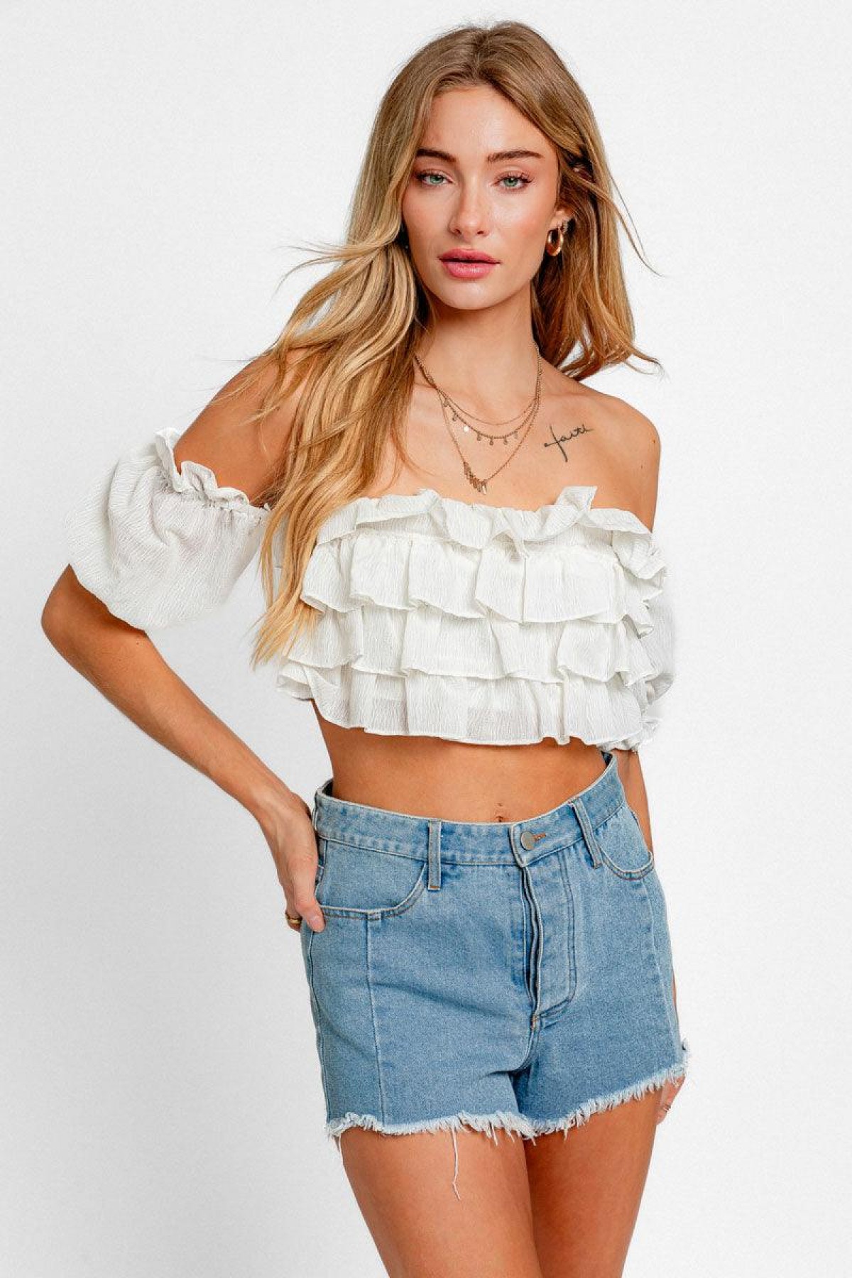 Off Shoulder Frill Stripe Ruffle Crop To...