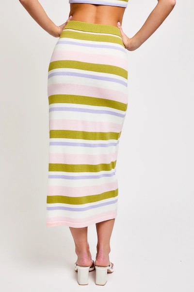 Striped Rib Sweater Crop Top & High Waist Midi Skirt Set