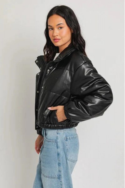 Short Lined Pocketed Faux Leather Puffer Jacket