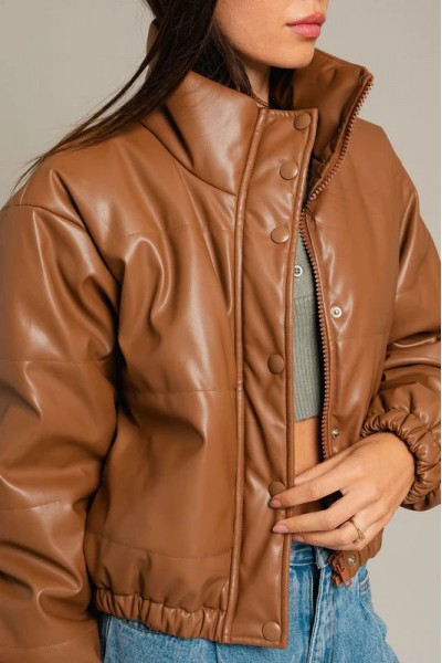 Short Lined Pocketed Faux Leather Puffer Jacket