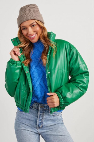 Short Lined Pocketed Faux Leather Puffer Jacket