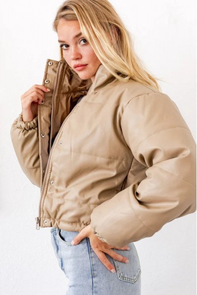 Short Lined Pocketed Faux Leather Puffer Jacket