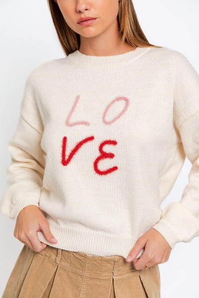 Round Neck "LOVE" Embroidered Pullover Knit Sweater