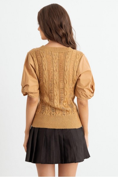 Nude Distressed Cable Knit Puff Short Sleeve Sweater /2-2-2