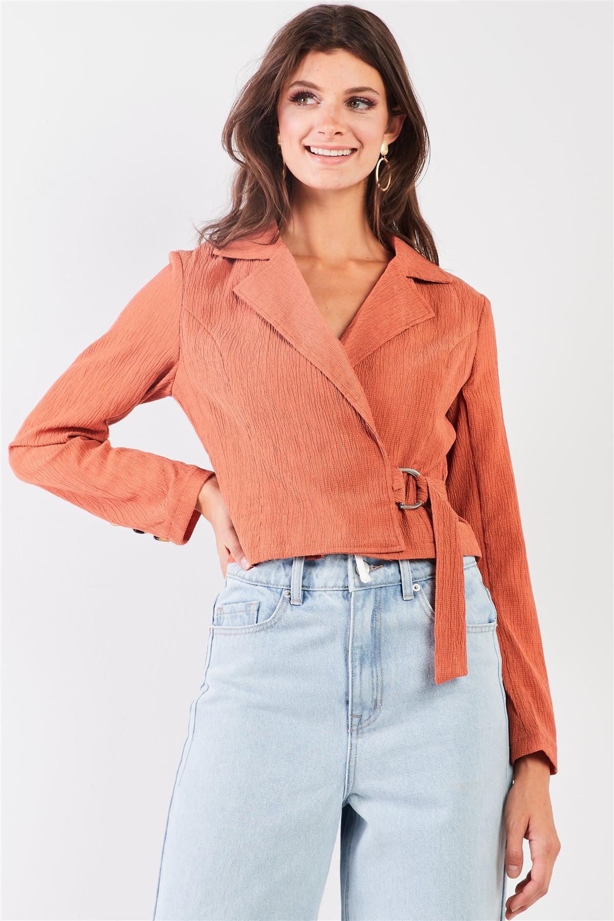 Rust Crepe Fabric Collared Neck Long Sleeve Open Front D-Ring Belt Detail Crop Jacket /2-2-2