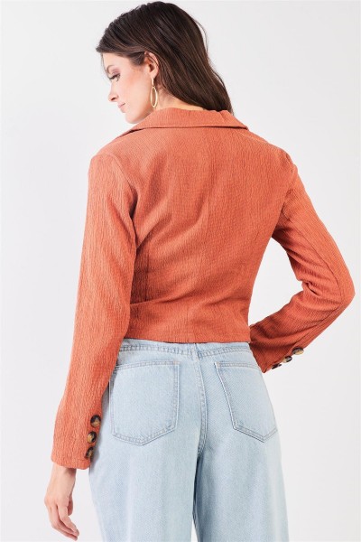 Rust Crepe Fabric Collared Neck Long Sleeve Open Front D-Ring Belt Detail Crop Jacket /2-2-2