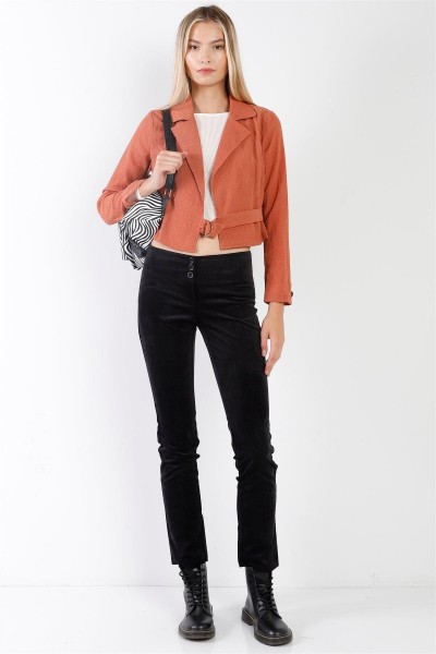 Rust Crepe Fabric Collared Neck Long Sleeve Open Front D-Ring Belt Detail Crop Jacket /2-2-2