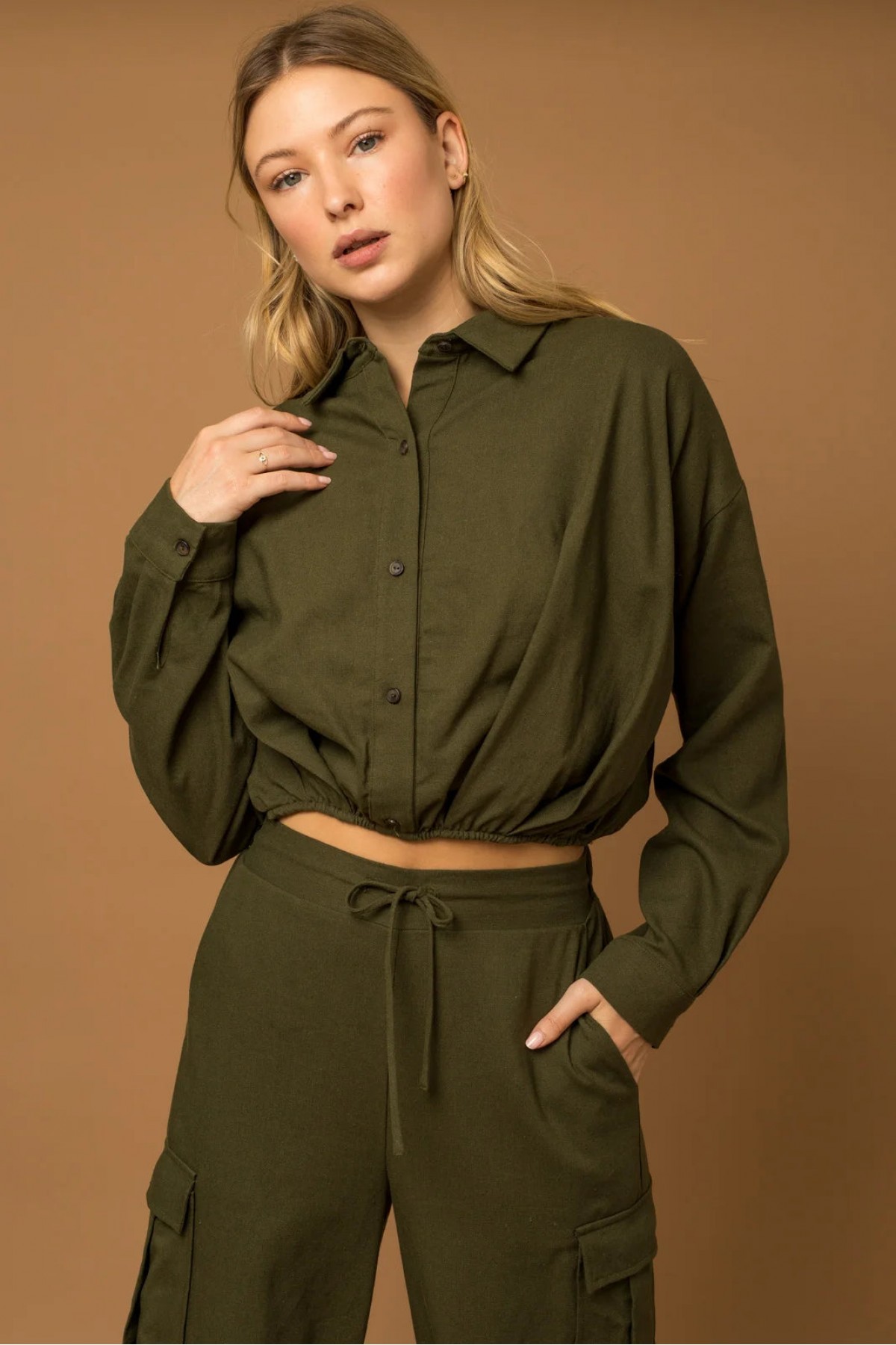 Military Cropped Long Sleeve Drawstring ...