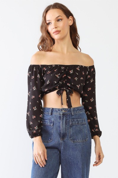 Floral Print Off-The-Shoulder Ruched Cro...