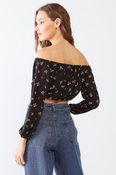 Floral Print Off-The-Shoulder Ruched Crop Top