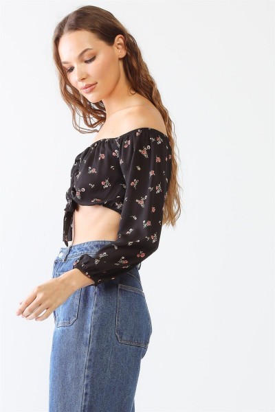 Floral Print Off-The-Shoulder Ruched Crop Top