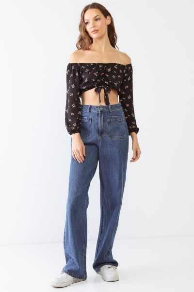 Floral Print Off-The-Shoulder Ruched Crop Top