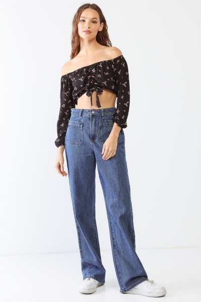 Floral Print Off-The-Shoulder Ruched Crop Top