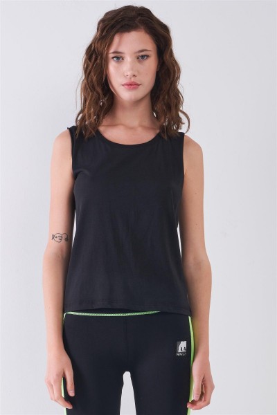 Black Solid Sleeveless Raw Hem Detail Ro...