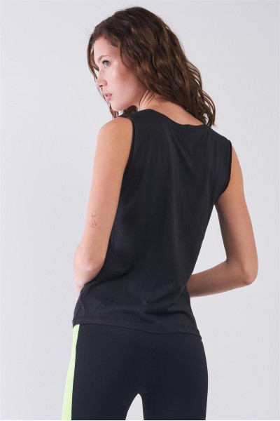 Black Solid Sleeveless Raw Hem Detail Round Neck Basic Tank Top