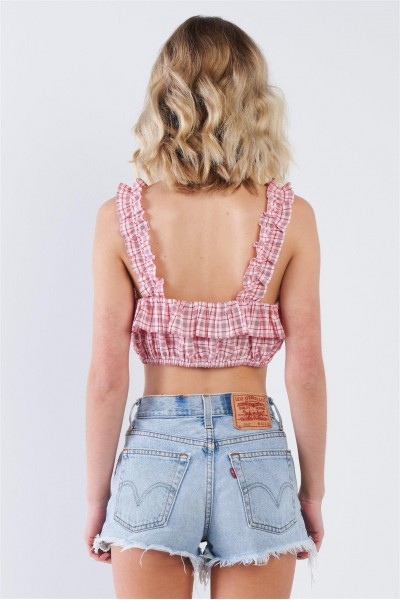 Red Cotton Checkered Frill Trim Crop Top