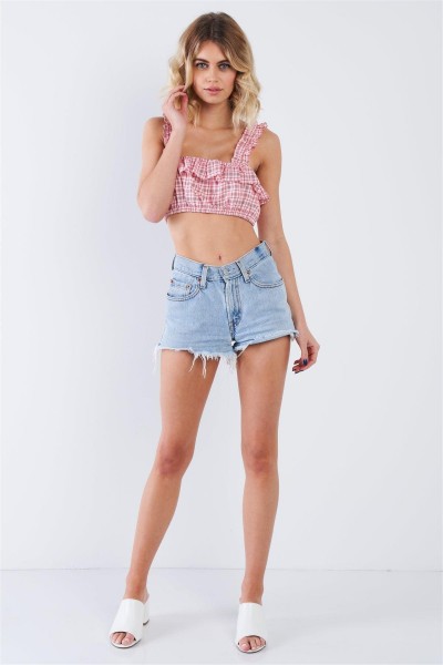 Red Cotton Checkered Frill Trim Crop Top