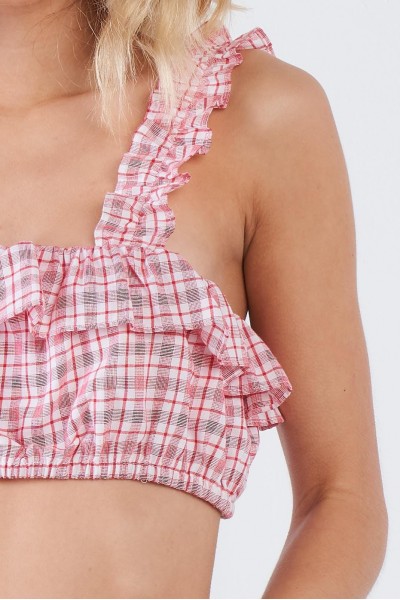 Red Cotton Checkered Frill Trim Crop Top