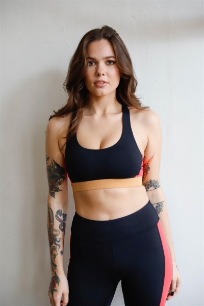 Black Multi Color Block Racerback Strap Classic Silhouette Sports Bra Activewear Top / XS-L/3-1