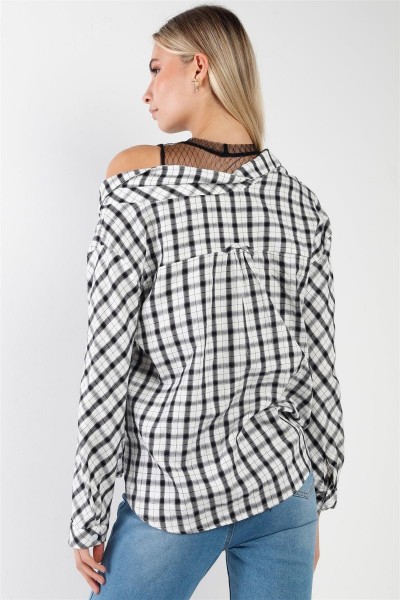 Edgy Chic Gingham Plaid Off-Shoulder Button-Up Top