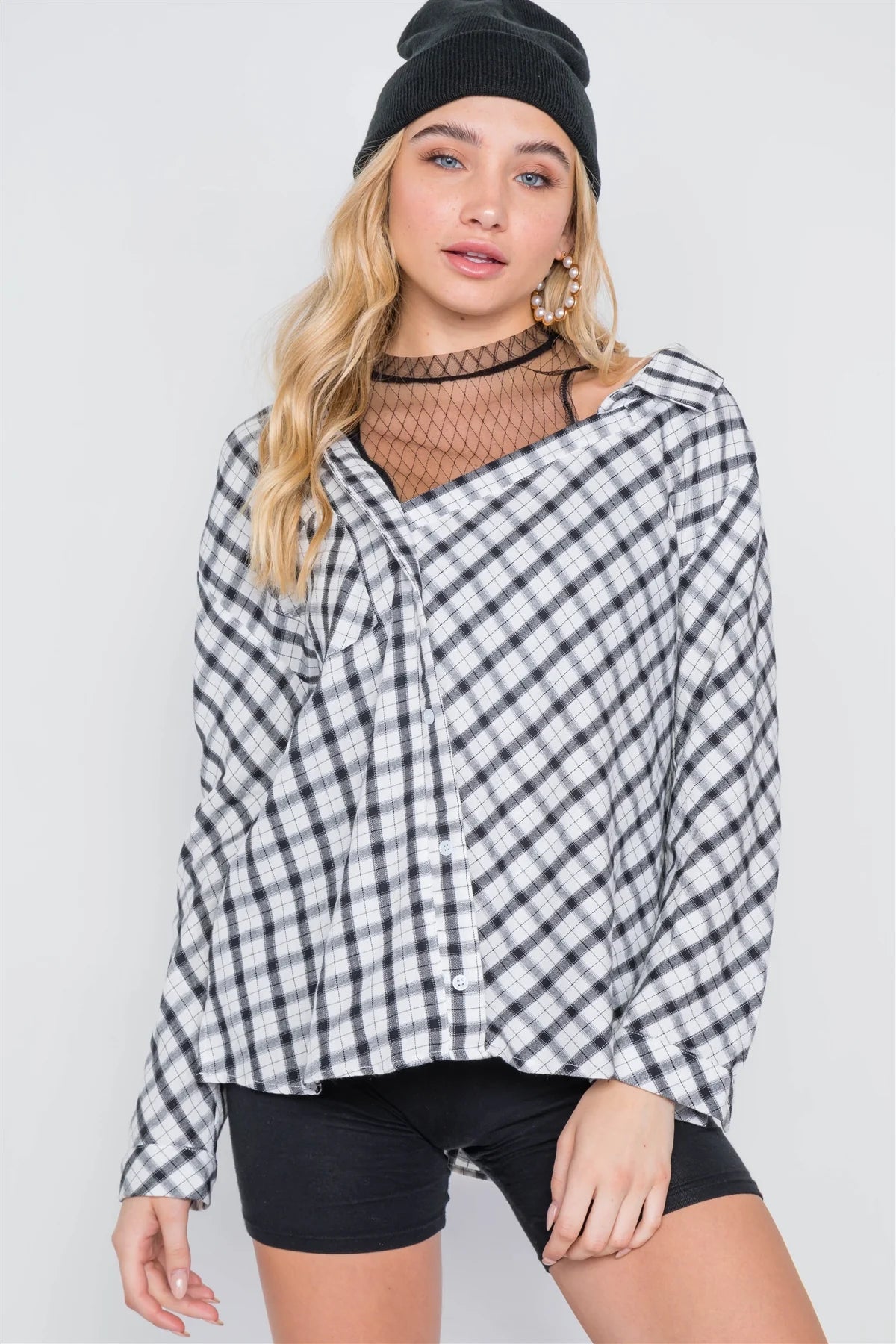 Edgy Chic Gingham Plaid Off-Shoulder But...