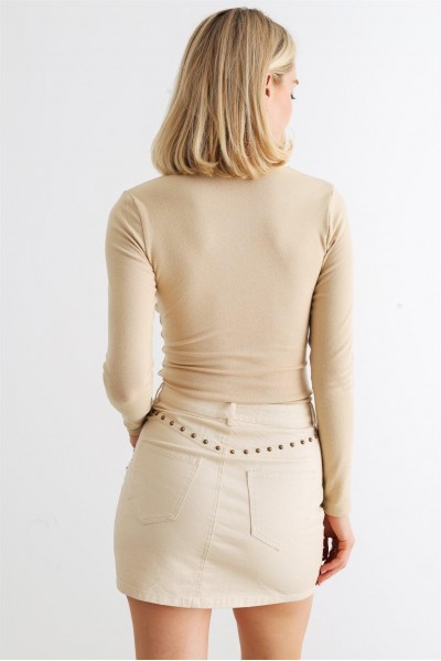 Beige Tie Scoop-Neck Long Sleeve Bodysuit