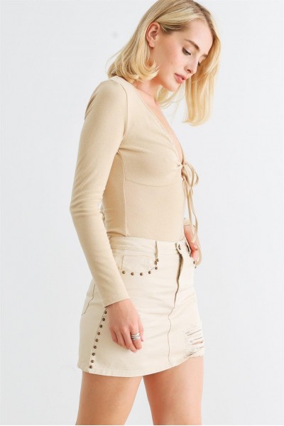 Beige Tie Scoop-Neck Long Sleeve Bodysuit