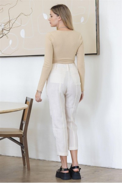 Beige Tie Scoop-Neck Long Sleeve Bodysuit