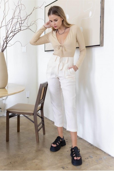 Beige Tie Scoop-Neck Long Sleeve Bodysuit