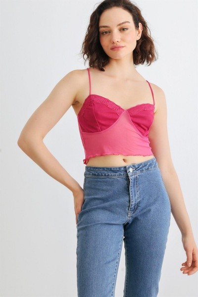 Fuchsia Mesh Lace Strappy Lettuce Hem Crop Top