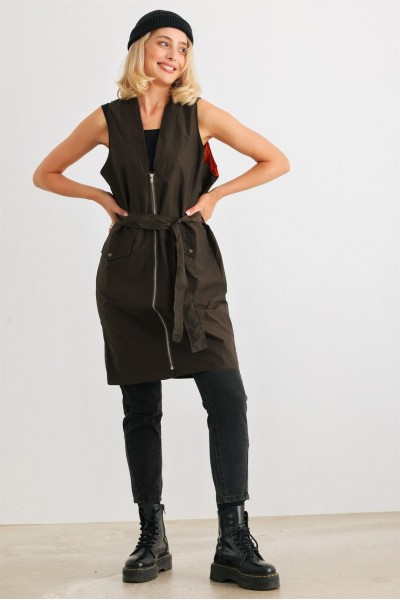 Olive Glossy Zip-Up Belted Two Pocket Long Vest /4-2