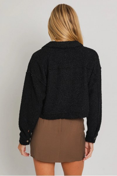 Single Pocket Collared Fuzzy Textured Shacket